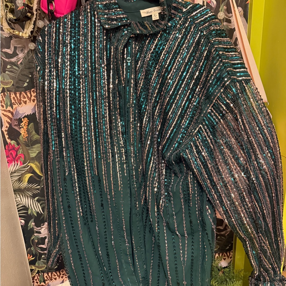 Free People Green Sequin Blouse